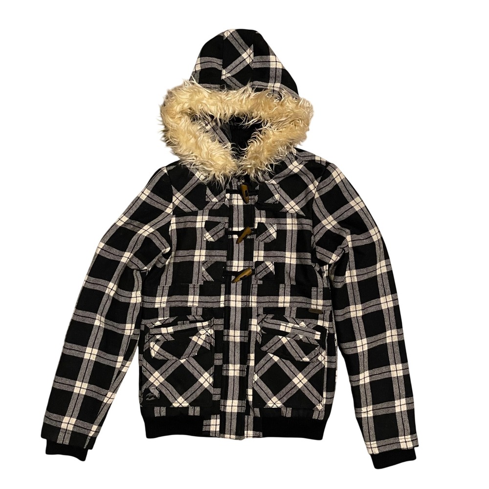 Billabong Plaid Wool Blend Hooded Jacket Faux Fur Trim Toggle Black White M